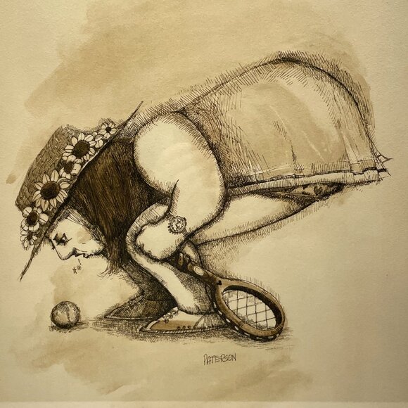 GVUC Vntg Framed Tennis Print, "Double Fault," Artist Gary Patterson, 17" x 21" - Picture 2 of 15